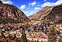 Aerial view of Ouray, Colorado in autumn. 