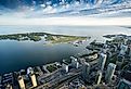 Scenic view of Toronto with Toronto Island and Lake Ontario.