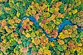 Panoramic view of peak fall foliage in Smugglers Notch, Vermont.