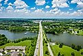 Aerial view of Jacobson Park Lake and Richmond Road in Lexington, Kentucky.