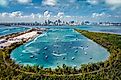 Aerial view of Biscayne Bay and Miami skyline from Virginia Key. 