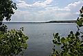 Looking through the trees at Wilson Lake in summer.