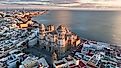 An aerial view of the Cádiz Cathedral at sunset in Andalucía, Spain.