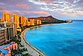 Honolulu, Hawaii. Skyline of Honolulu, Diamond Head volcano including the hotels and buildings on Waikiki Beach.