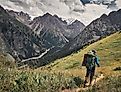 Hiker walking in the green mountain valley with snowy peaks and cloudy sky.