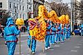 Falun Gong practitioners perform a dragon dance on O'Connell Street to celebrate the Lunar New Year. Image by LiamMurphyPics via Shutterstock.com