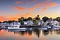 Townscape of Portsmouth, New Hampshire, at dusk.