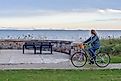 A bicyclist cruises along the Lake Superior shoreline.