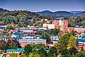 Boone, North Carolina, campus and town skyline at twilight.