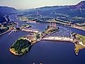 Aerial photo of Bonneville dam and the Columbia River near Cascade Locks, Oregon