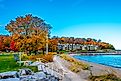 The coastline of Sister Bay, Wisconsin, in fall.