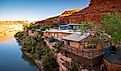 San Juan Motel in Mexican Hat, Utah. Bright sunrise warm colors. Editorial credit: Manuela Durson / Shutterstock.com