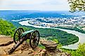 Cannon overlooking Chattanooga at Lookout Mountain Battlefield, Point Park, Civil War Cannon Monument near Chattanooga, Tennessee.