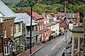 The view from up high of Harper's Ferry, West Virginia's main drag.