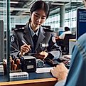 Customs agent reviewing a passport 