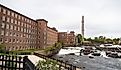 The historic brick pepperell center or former mill building in the town of Biddeford, Maine.