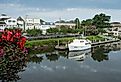 View of downtown Lewes, Deleware from bridge with canal.