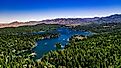 Aerial, drone panorama of Lake Arrowhead in the San Bernardino Mountains.