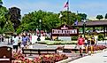 Visitors arriving at the entrance of Hersheypark, a popular attraction in Chocolatetown USA. Editorial credit: George Sheldon / Shutterstock.com