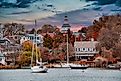 Annapolis, MD USA 10-22-2018: A view of Acton Cove on Spa Creak, as seen from President Point in Annapolis Maryland. The iconic dome of the Maryland State House is in the background. Editorial credit: Steve Rosenbach / Shutterstock.com