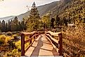 Boardwalk in Taos Ski Valley, New Mexico in fall.