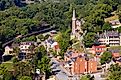 Aerial view over the National Park town of Harpers Ferry in West Virginia with the church and old buildings in the city