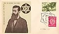 An Israeli vintage used envelope showing portrait of Zionist leader Doctor Theodor Herzl, CIRCA 1954. Source: Shutterstock.com.