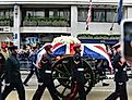 Thatcher's coffin on its way to St Paul's Cathedral, on April 17, 2013 in London. Image credit Thomas Dutour via shutterstock