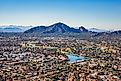 Above Scottsdale, Arizona looking SW towards Camelback Mountain and downtown Phoenix