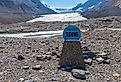 The melting Athabasca Glacier with the retreat between 2006 and 2023 due to climate change and global warming, Jasper National Park, Icefields Parkway, Canada.