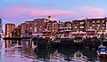 View of Portsmouth waterfront at dusk. New Hampshire, USA. 