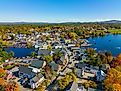 Wolfeboro historic town center at Lake Winnipesaukee aerial view in fall on Main Street, town of Wolfeboro, New Hampshire.