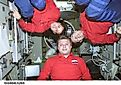 ISS004-E-5269 (December 2001) --- Cosmonaut Yuri I. Onufrienko, Expedition Four mission commander, flanked by astronauts Daniel W. Bursch (left) and Carl E. Walz, both flight engineers, pose for an informal crew photo in the Zvezda Service Module on the I