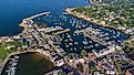 Rockport Harbor and Motif Nr. 1 aerial view in Rockport, Massachusetts.