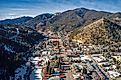 Aerial view of Red River Ski Town in New Mexico mountains.