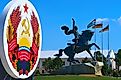 State emblem with the monument to Commander Suvorov in Tiraspol, Transnistria, Moldova.