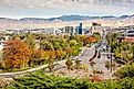 Boise Idaho street leading to the capital building in fall.