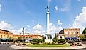 The Steuben County Soldiers Monument in downtown, Angola, Indiana. Editorial credit: Roberto Galan / Shutterstock.com