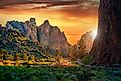 Towering cliffs at Smith Rock State Park near Bend, Oregon at sunset.