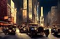 A retro digital illustration featuring New York City in the 1920s, with lit up streets and vintage cars at night. 