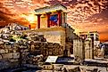 The North Entrance of the Palace with charging bull fresco in Knossos at Crete, Greece