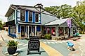 Colorful shop with artwork on display in the small Texas Hill Country town of Wimberley.