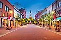 Church Street Marketplace in Burlington, Vermont, at twilight.