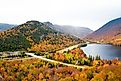 Scenic fall foliage in Franconia Notch State Park along the town of Franconia, New Hampshire.