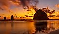 Sunset at Haystack Rock and The Needles at Cannon Beach, Oregon.