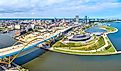 Aerial View of Milwaukee Waterfront and Hoan Bridge Panorama.