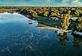 Aerial view of lake homes and boat houses on beautiful Tims Ford Lake in Winchester Tennessee.