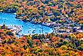 View from Mount Battie overlooking Camden harbor, Maine in autumn.