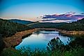 Aerial view of Lake Oroville at dusk. 