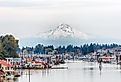 View of Mt. Hood and Portland Marina floating boat houses in Oregon. Image credit Paula Cobleigh via Shutterstock.